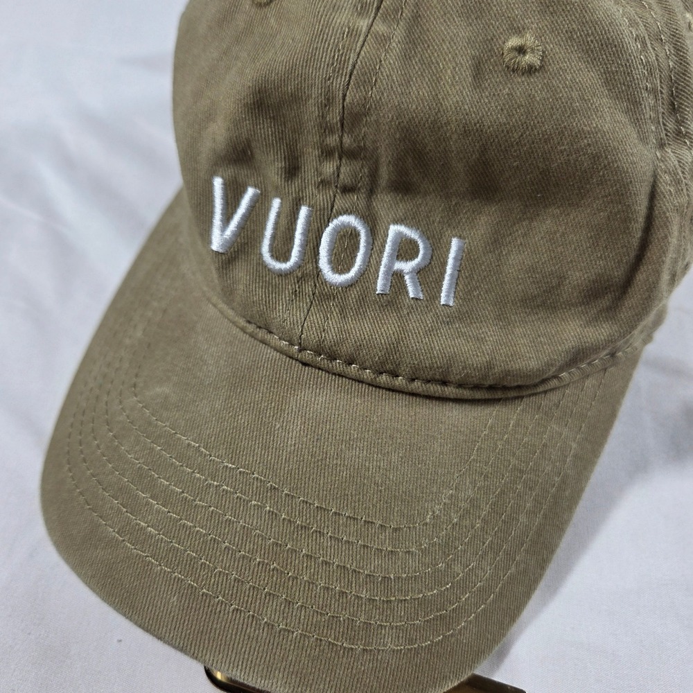 Vuori Dad Hat Khaki Tan Cotton Twill Embroidered Logo Adjustable Baseball Cap